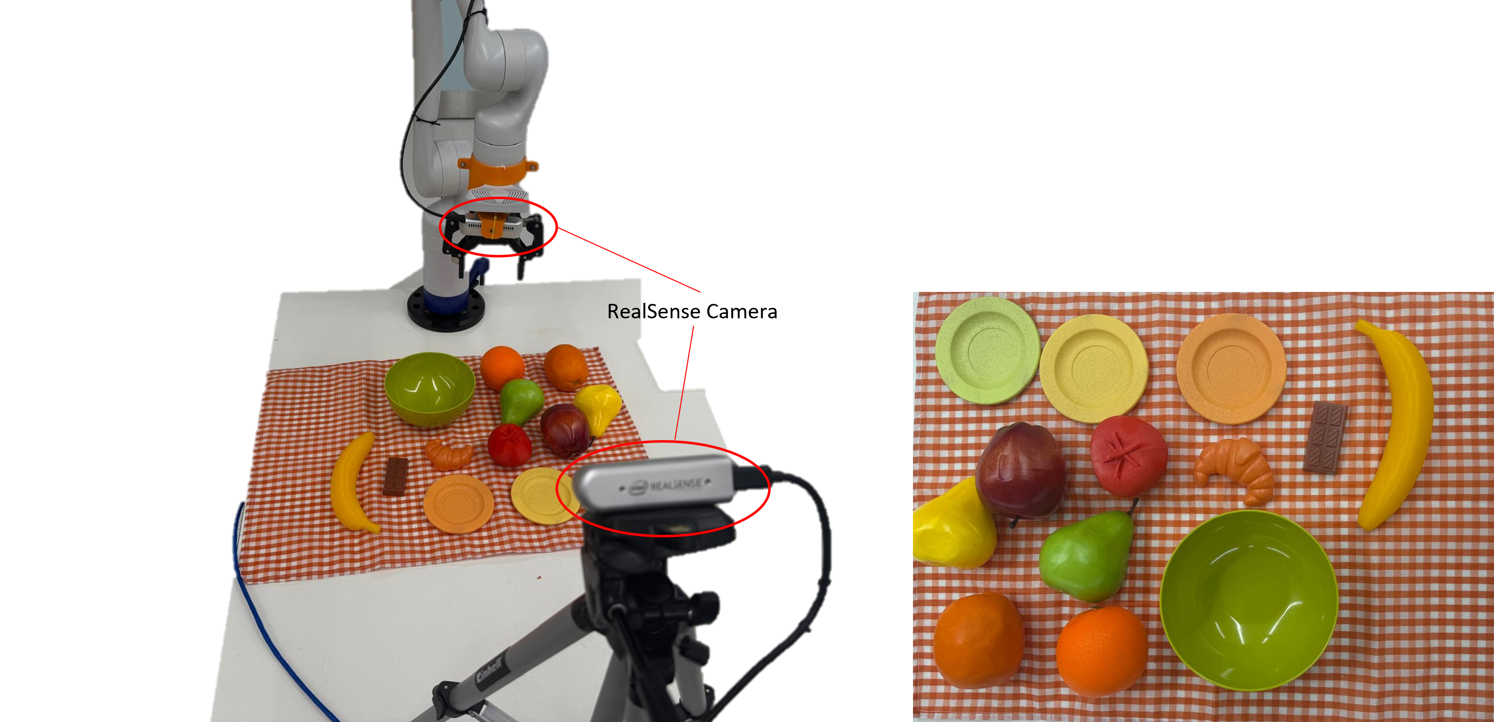 Real-world robot setup and objects used in the experiments.